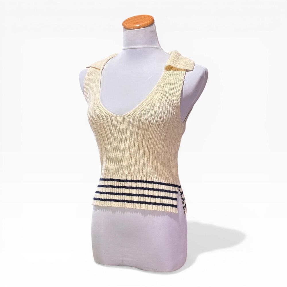 Cream Knit Sweater Vest XS Preppy Top Nautical Striped V Neck Coastal Chic